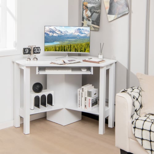 Costway Wooden Corner Desk With Drawer Computer PC Table Study Office Room White Perspective: top