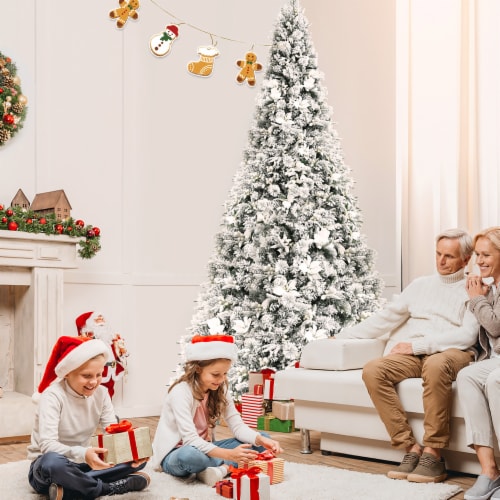 Costway 8ft Snow Flocked Hinged Christmas Tree w/ Berries & Poinsettia Flowers Perspective: top