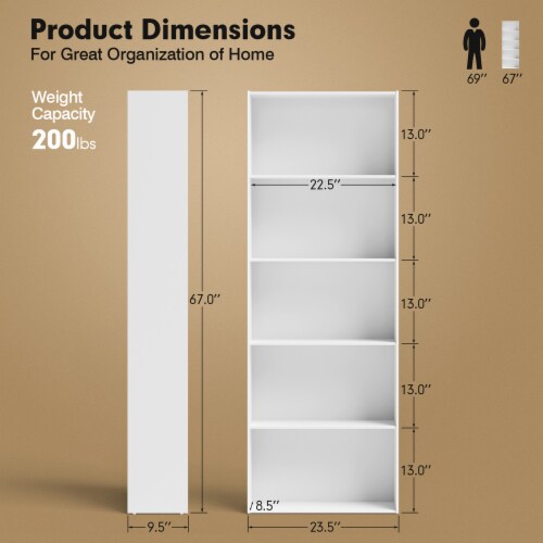 Costway 5-Shelf Storage Bookcase Modern Multi-Functional Display Cabinet Furniture White Perspective: top