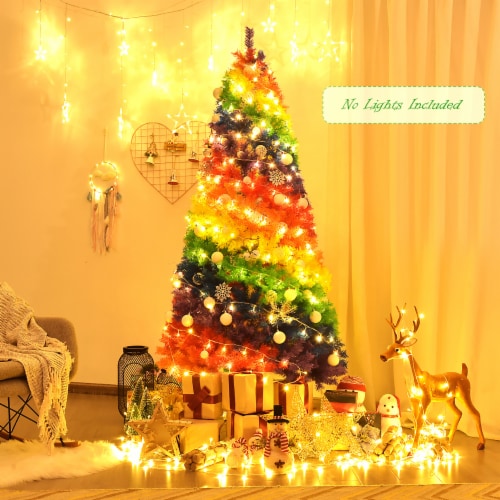 Costway 7FT Artificial Hinged Colorful Rainbow Full Fir Christmas Tree with 1213 Tips Perspective: top