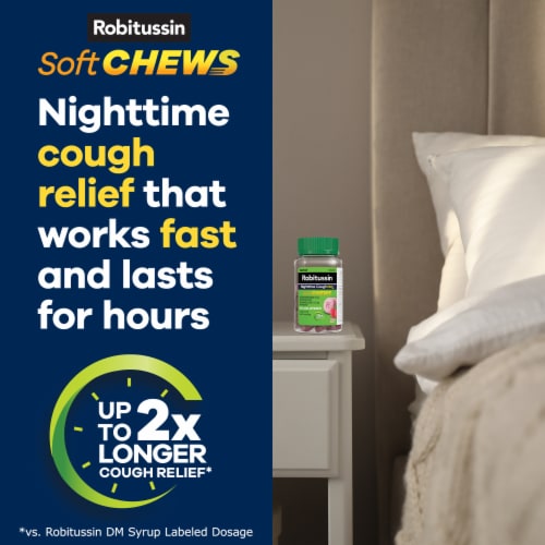 Robitussin Soft Chews, DM Nighttime Cough Relief, Dextromethorphan, Berry Flavor Chewable Tablets Perspective: top