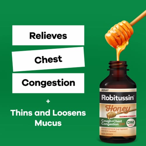 Robitussin DM Max, Cough plus Chest Congestion Relief, Dextromethorphan, Real Honey Flavor Syrup Perspective: top