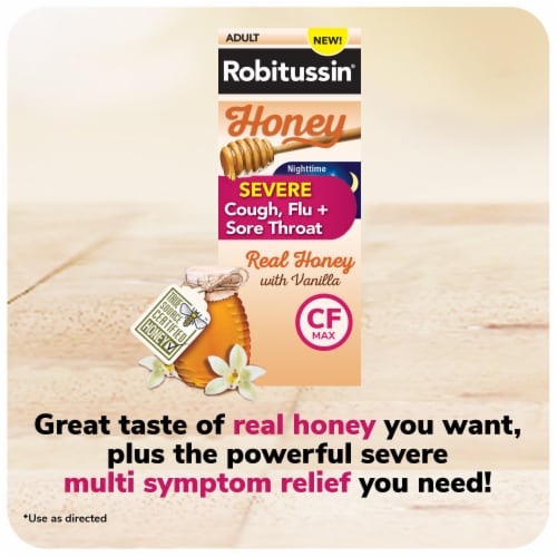 Robitussin Honey Severe Cough Flu & Sore Throat Nighttime Max Syrup Perspective: top