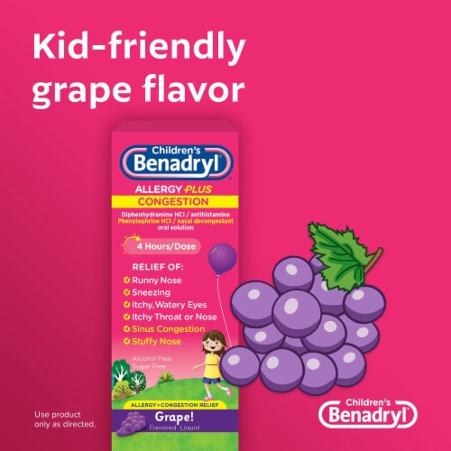 Children's Benadryl Allergy & Congestion Relief Liquid Diphenhydramine HCl & Phenylephrine HCl Grape Perspective: top