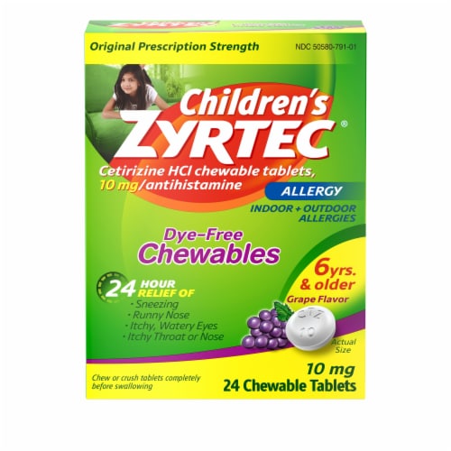 Children's Zyrtec 24 Hour Allergy Relief Dye-Free Chewable Tablets Cetirizine HCl 10 mg Grape Flavor Perspective: top