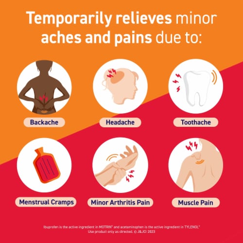 Motrin Dual Action with Tylenol Fast-Acting Dual Action Pain Reliever with Ibuprofen & Acetaminophen Perspective: top
