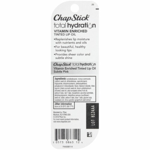 ChapStick Total Hydration Vitamin Enriched Subtle Pink Tinted Lip Oil Tube Perspective: top