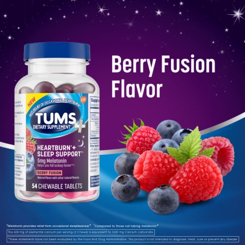 TUMS+ Chewable Chews Occasional Heartburn Relief and Sleep Support Berry Fusion Tablets Perspective: top