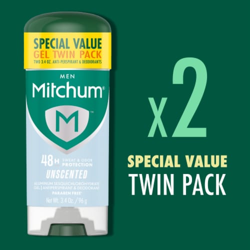 Mitchum Triple Odor Defense Men Gel Antiperspirant Deodorant Unscented 2-Pack Perspective: top
