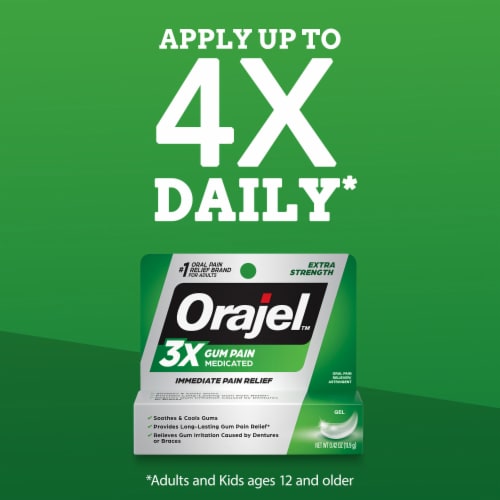 Orajel 3X Medicated Gum Pain Gel Immediate Pain Relief Perspective: top
