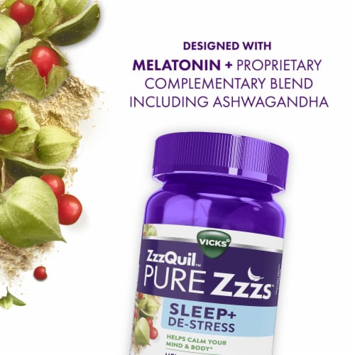 ZzzQuil PURE Zzzs Sleep+ De-Stress Melatonin Sleep Aid Gummy Perspective: top