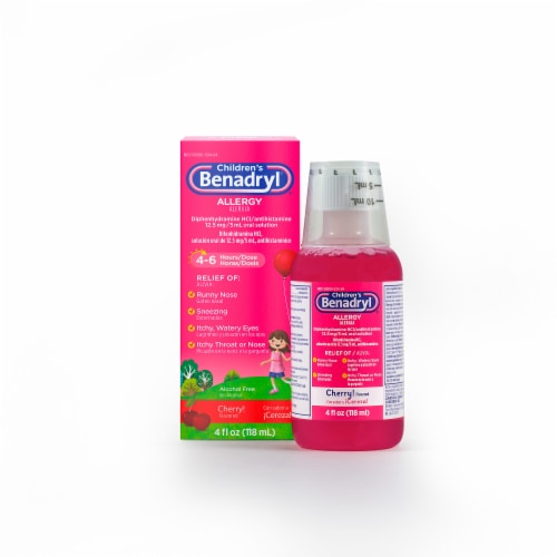 Children's Benadryl Allergy & Cold Relief Liquid Diphenhydramine HCl Cherry Flavor Perspective: top