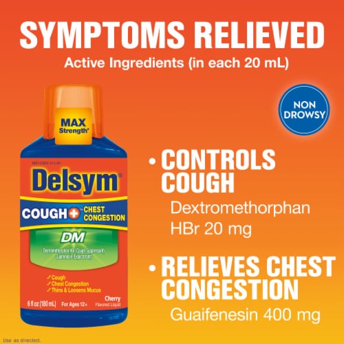 Delsym DM Adult Cough + Chest Congestion Cherry Liquid Perspective: top