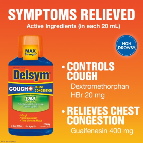 Delsym DM Adult Cough + Chest Congestion Cherry Liquid Perspective: top