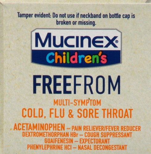 Mucinex Children's Freefrom Multi-Symptom Elderberry & Cherry Flavor Cold Flu & Sore Throat Liquid Perspective: top