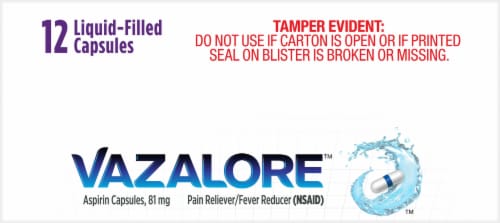 Vazalore Liquid-Filled Aspirin Capsules Perspective: top