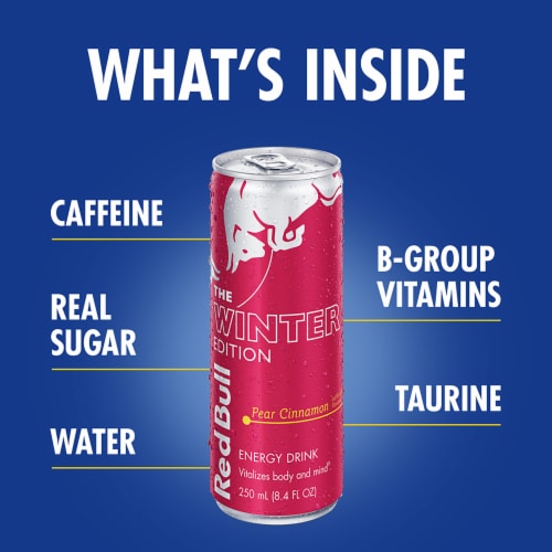 Red Bull Winter Edition Pear Cinnamon Energy Drink Cans Perspective: top