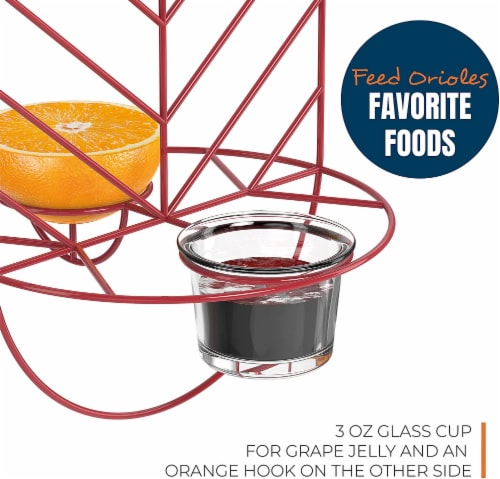 MEKKAPRO Leaf Oriole Bird Feeder, Dual Jelly Orange Feed, Fits Clementine Nectar (Coral Red) Perspective: top