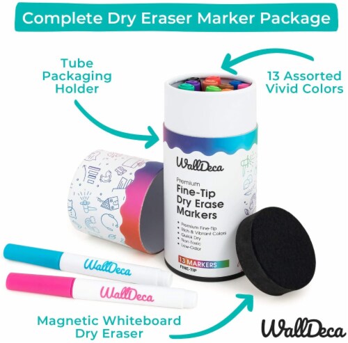 WallDeca Dry-Erase Thick Fine Line Markers, 13 Assorted Colors