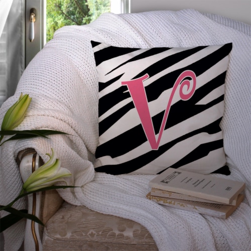 Letter V Initial Zebra Stripe and Pink Fabric Decorative Pillow