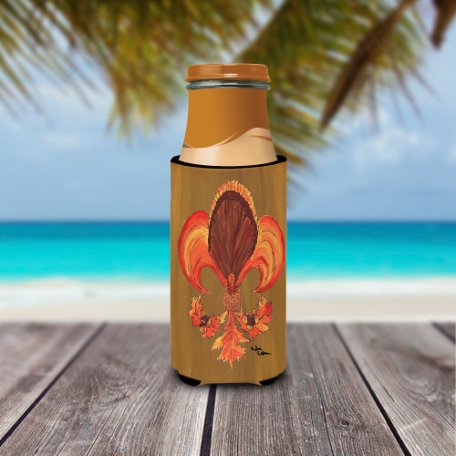 Thanksgiving Turkey and Fall Leaves Fleur de lis Ultra Hugger for slim cans Perspective: top