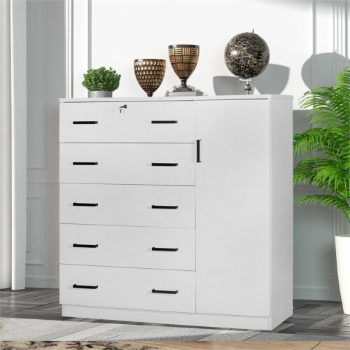 Better Home Products JCF Sofie 5 Drawer Wooden Tall Chest Wardrobe in White Perspective: top