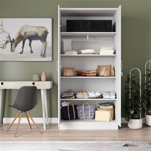 Better Home Products Harmony Wood Two Door Armoire Wardrobe Cabinet in White Perspective: top