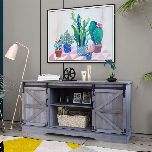 Gray sliding barn door tv stand deals