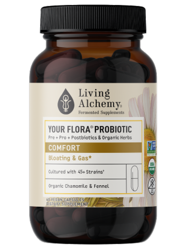 Living Alchemy Your Flora Probiotic Comfort Bloating & Gas Supplement Perspective: top