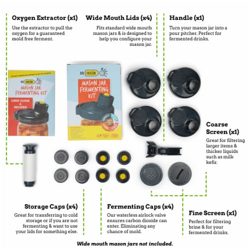 Nourished Essentials Fermentation Kit - 4 Lids, 8 Caps, 2 Filters, 1 Handle, 1 Pump Perspective: top