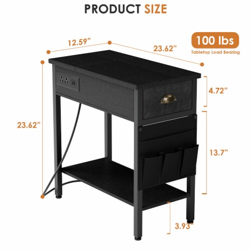 23.62 in. Black Rectangle Wood Top End Table with Charging Station
