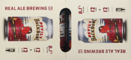 Real Ale Devil's Backbone Belgian Tripel Craft Beer Cans Perspective: top
