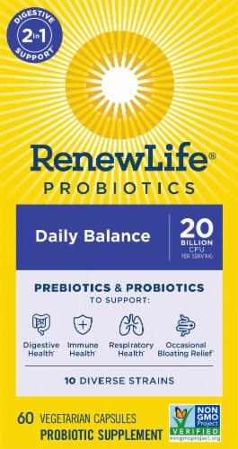 Renew Life Daily Balance Prebiotics & Probiotics Billion CFU Per Serving Strains Perspective: top