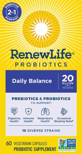 Renew Life Daily Balance Prebiotics & Probiotics Billion CFU Per Serving Strains Perspective: top