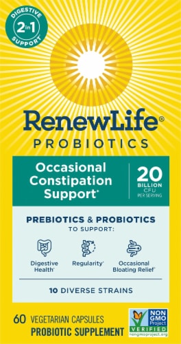 Renew Life Occasional Constipation Support* Prebiotics & Probiotics Probiotic Supplement Perspective: top