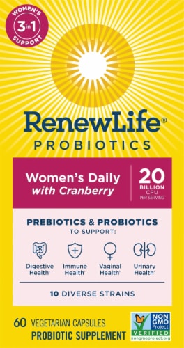 Renew Life Womens Daily with Cranberry Prebiotics & Probiotics Vegetarian Capsules Perspective: top