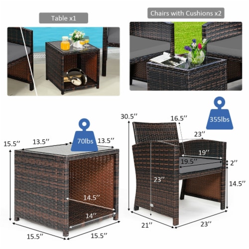 Slickblue 3 Pieces PE Rattan Wicker Furniture Set with Cushion Sofa Coffee Table for Garden Perspective: top
