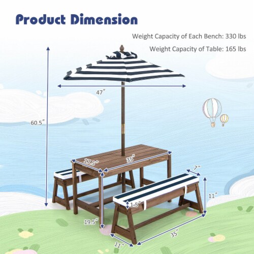 Slickblue Kids Picnic Table and Bench Set with Cushions and Height Adjustable Umbrella Perspective: top
