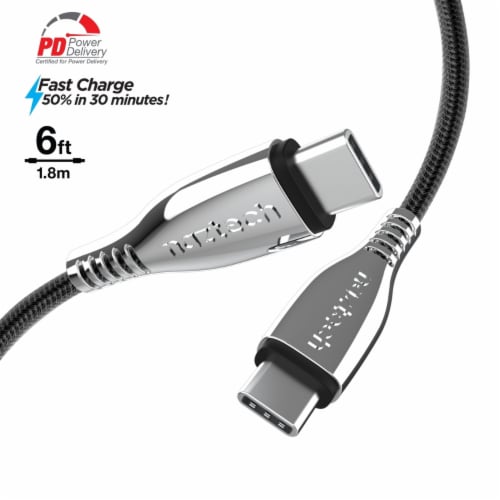Naztech 15501 6 Ft. Titanium USB-C to USB-C Braided Cable - Black Perspective: top