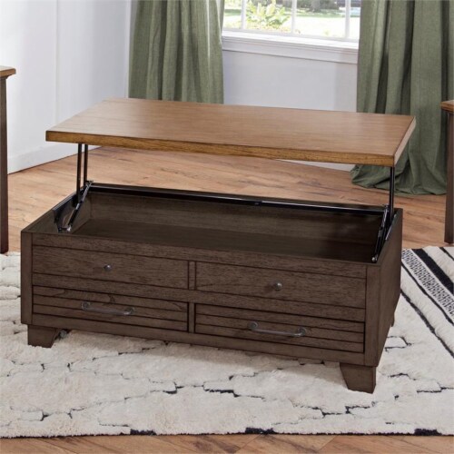 Bear Creek Two-tone Brown Lift-Top Cocktail Table with Casters Perspective: top