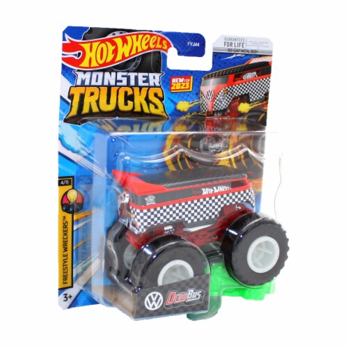 Hot Wheels Monster Trucks 1:64 Scale DragBus Red Includes Connect and Crash Car Perspective: top