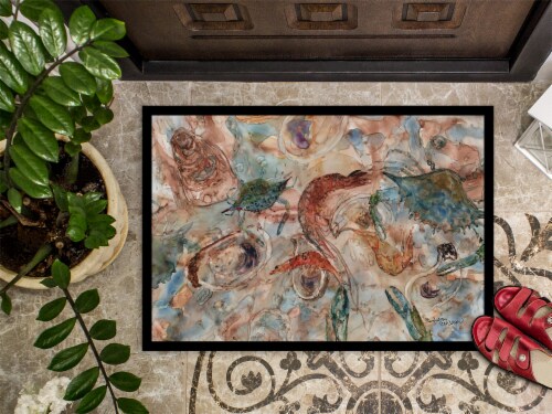 Carolines Treasures 8939MAT Crabs, Shrimp and Oysters on the loose Doormat 18x2 Perspective: top