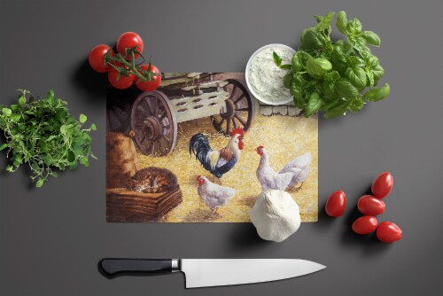Rooster and Hens Chickens in the Barn Glass Cutting Board Large Perspective: top