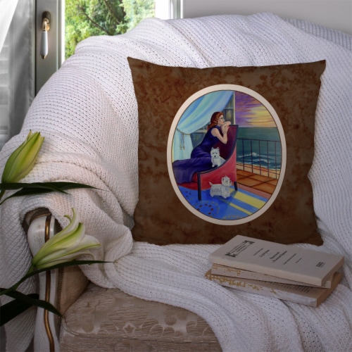 Carolines Treasures  7167PW1414 Lady with her Westie Fabric Decorative Pillow Perspective: top