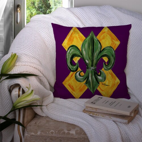 Mardi Gras Fleur de lis Purple Green and Gold Canvas Fabric Decorative Pillow