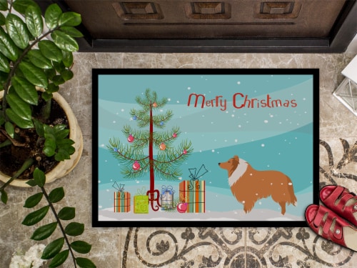 Carolines Treasures BB2934MAT Collie Dog Merry Christmas Tree Doormat 18x27 Perspective: top