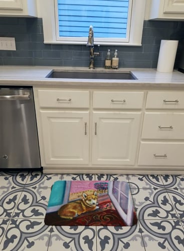 Corgi Watching from the Door Machine Washable Memory Foam Mat Perspective: top