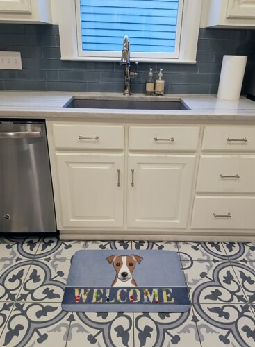Jack Russell Terrier Welcome Machine Washable Memory Foam Mat, Blue Perspective: top