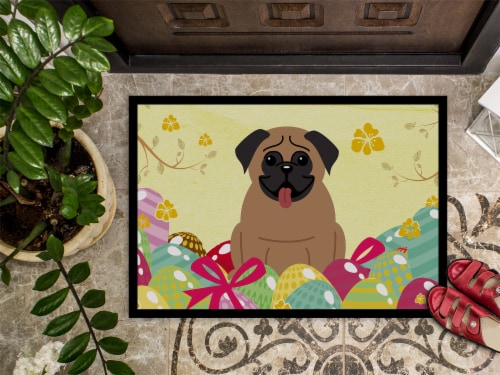 Carolines Treasures BB6005MAT Easter Eggs Pug Brown Doormat 18x27 Perspective: top