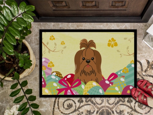 Carolines Treasures BB6086MAT Easter Eggs Shih Tzu Silver Chocolate Doormat 18x Perspective: top